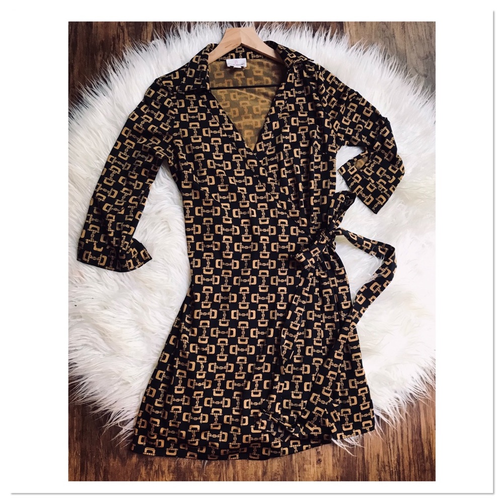 Julie Brown Short Wrap Dress Black Brown Pattern Size Small